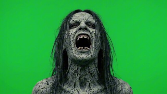 A scary zombie with pale skin, messy hair, and an open mouth screaming. The zombie is on a green screen background