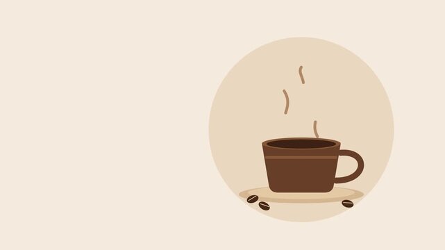 A steaming brown cup of hot coffee with roasted beans on a soft beige circular background