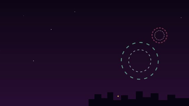 Minimalist digital illustration of fireworks exploding over a dark city skyline at night