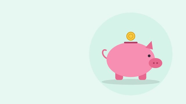 Pink piggy bank with a gold coin falling into it as a symbol for saving money and finance