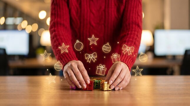Hands of a person in a red sweater holding small colorful gift boxes on a wooden table with glowing Christmas graphic overlays