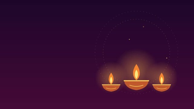 Three glowing oil lamps for diwali festival celebration on a dark purple background