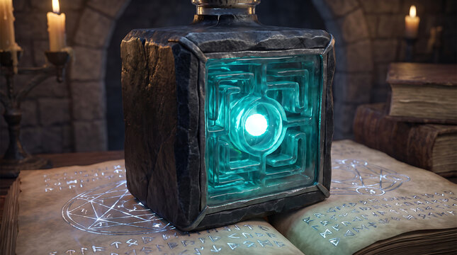 Glowing cyan magic potion in a square stone container on an ancient spellbook, fantasy alchemy