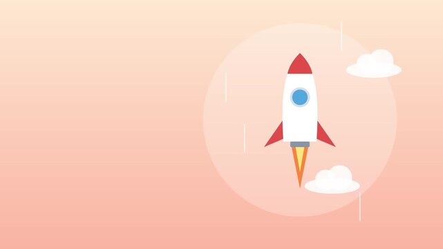 Cartoon rocket ship flying in the sky with clouds