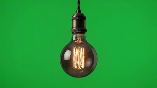 An antique Edison light bulb glows warmly, suspended against a vibrant green background. The filament inside is clearly visible, casting a soft, inviting light