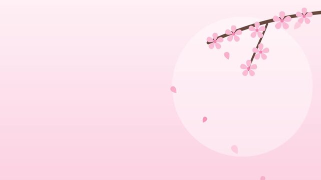 Pink cherry blossom branch with falling petals on a soft pastel background