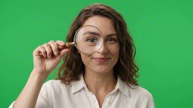 A woman holding a magnifying glass to her eye against a green screen background, looking curious