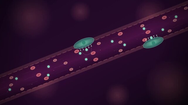 Medical illustration of immune cells moving through a human blood vessel with red blood cells