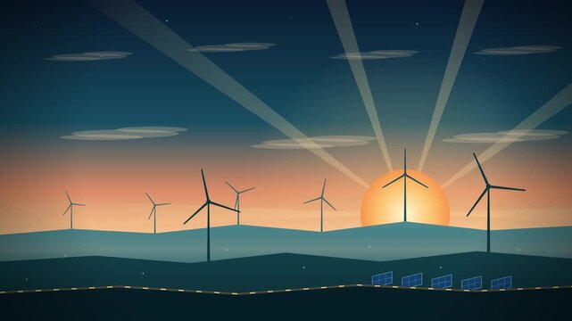 Wind turbines and solar panels in a field during a beautiful sunset with a clear blue sky