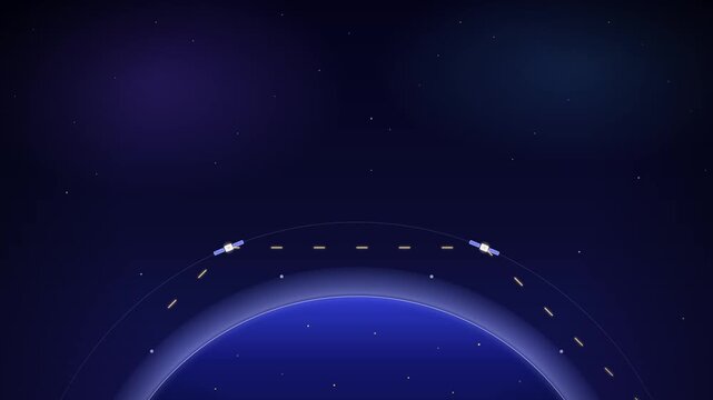 Three artificial satellites orbiting around the blue earth in outer space