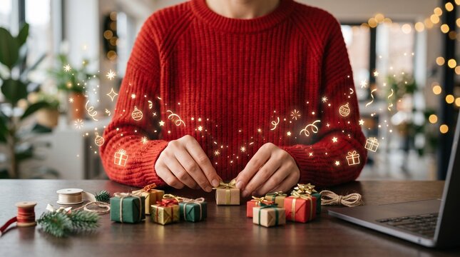 Hands of a person in a cozy red sweater wrapping small Christmas gifts on a wooden table surrounded by festive decorations ribbons and magical golden sparkles with holiday icons capturing the