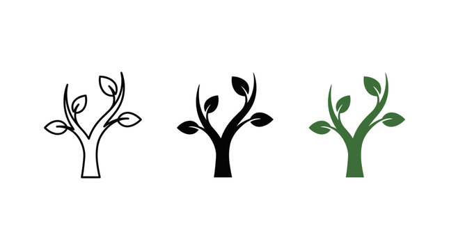 Three stylized tree icons in outline, solid black, and solid green, representing growth and nature.