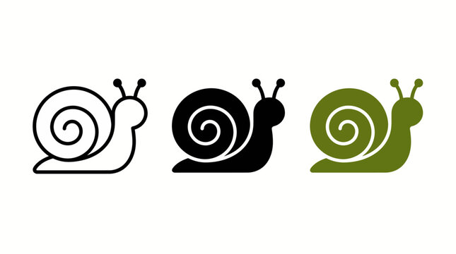 Three stylized snail icons in different styles: outline, solid black, and solid green, depicting a gastropod with a spiral shell and antennae.