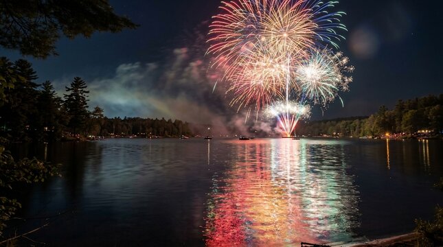 Fireworks over lake