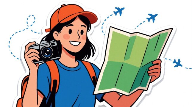 Happy young woman holds paper map, camera. Smiling traveler with backpack plans journey, explores new destinations. Cartoon girl prepares for summer vacation trip with airplane flight paths in