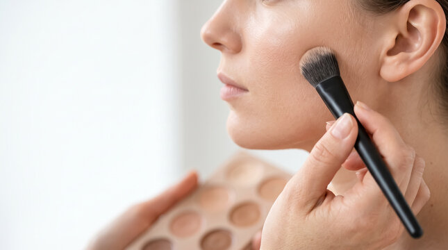 Woman applying makeup with a brush and a palette of foundation shades. Her eyes are closed as she focuses on perfecting her look, showcasing a close-up of the application process