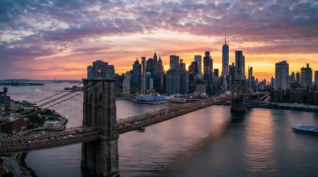 Timelapse of sunset over Manhattan skyline and bridge