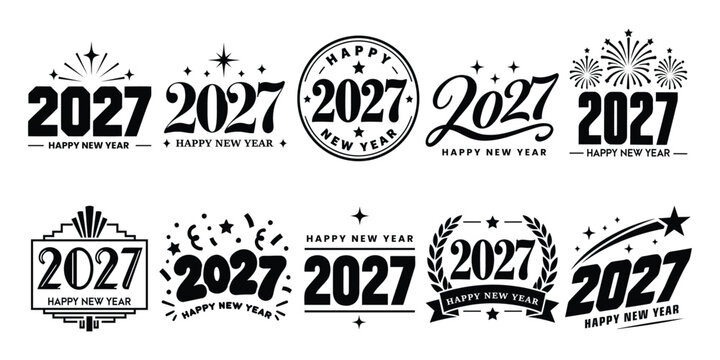 Happy New Year 2027 typographic logos set, vintage black and white typography badges, festive holiday vector emblem collection