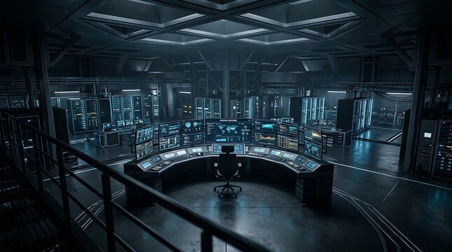 Futuristic command center with computer monitors and server racks
