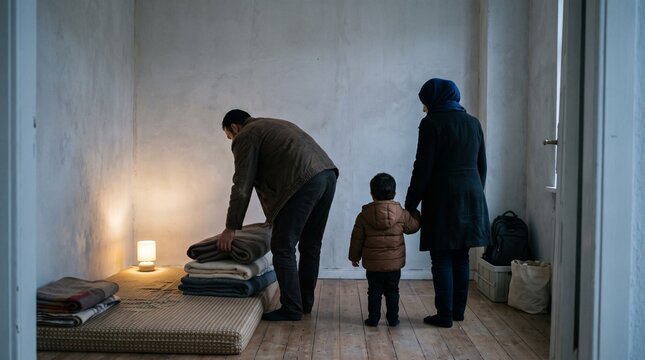 Family settles into a temporary apartment at dusk