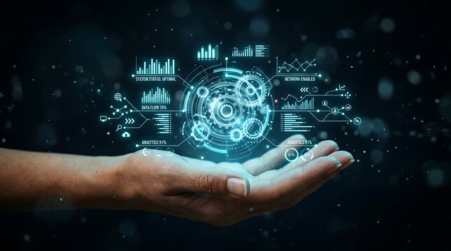 Hand holding glowing digital technology interface