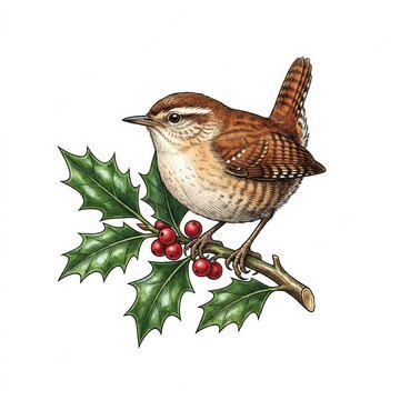 Small wren bird perched on holly leaves with red berries for a festive holiday design, on branc