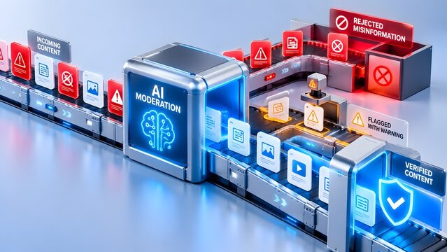 Isometric AI content moderation conveyor belt system filtering incoming digital files into verified safe content, flagged warnings, and rejected misinformation
