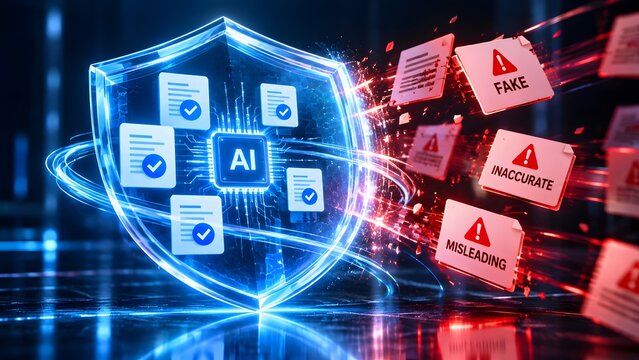 Glowing blue digital shield with AI processor protecting verified documents and blocking red fake, inaccurate, and misleading information in cybersecurity network