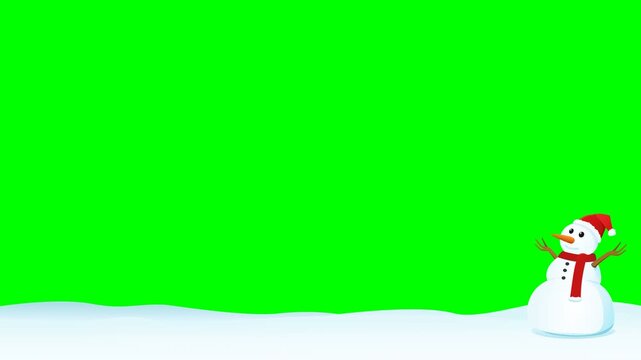 Cheerful snowman celebrating winter holiday spirit and festive Christmas joy on snow field. Chroma key green screen with alpha channel. (loopable)
