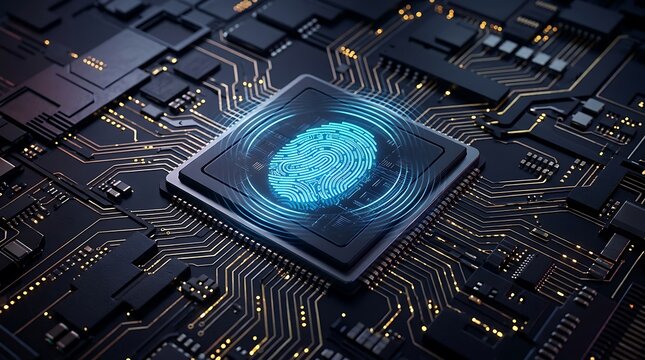 Digital fingerprint icon on an electronic microchip