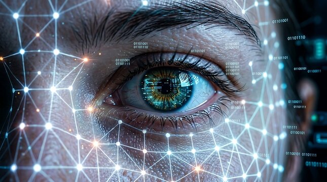 Human eye with digital network and binary code overlay