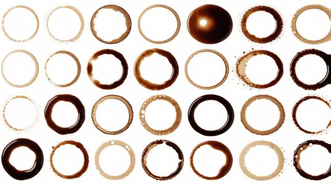 Set of various coffee cup stains, liquid ring marks isolated on white background. Dirty espresso tea mug imprints create grunge texture pattern. Brown caffeine drink spill circles with different