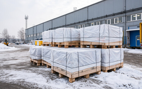 Stacked wooden pallets wrapped in white protective plastic film sit in snowy outdoor warehouse area. Large industrial cargo loads wrapped for winter protection wait for transport.