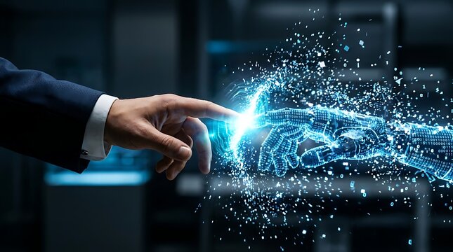 Human hand touching digital holographic hand