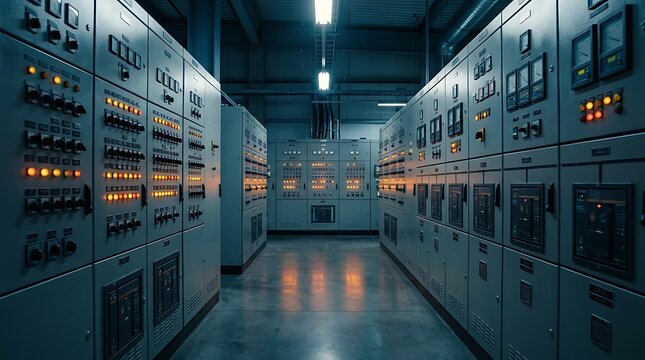 Industrial electrical control room with glowing lights