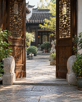Ornate carved lattice doors open onto a quiet sunlit Chinese courtyard in Changzhou style, with worn stone paving, ornamental rocks and lush potted plants.