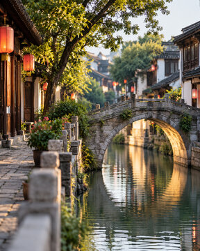 Graceful stone arch bridge spans a narrow Changzhou-style canal, flanked by old wooden shopfronts, red lanterns and leafy cobbled walkways in golden sunlight.