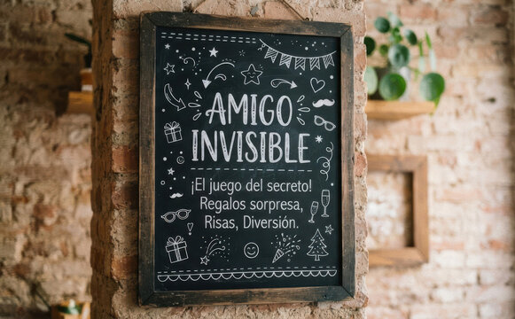 AMIGO INVISIBLE Pizarra con texto en espanol sobre secreto y regalos para celebracion y navidad