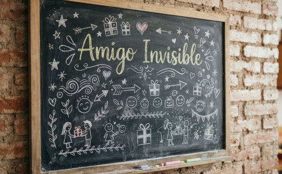 Amigo Invisible pizarra con dibujos y regalos concepto de intercambio de regalos navide&ntilde;os y sorpresas entre amigos