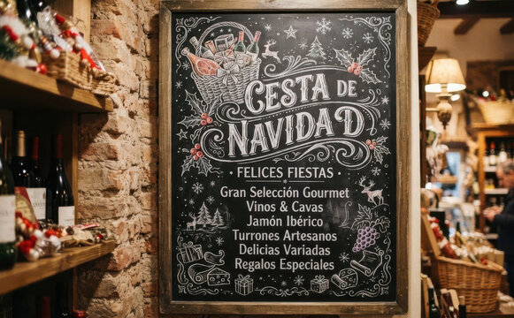 Cesta de Navidad cartel de pizarra navide&ntilde;o con productos gourmet vino jam&oacute;n turr&oacute;n para felicitaciones y regalos festivos