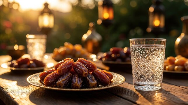 Traditional Ramadan iftar meal with sweet dates, fresh water glass on wooden table. Muslim fasting break featuring healthy food, glowing lanterns at sunset. Arabian hospitality, religious celebration
