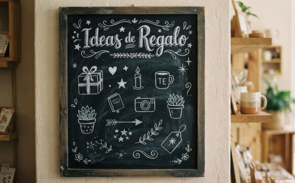 Ideas de Regalo pizarra con dibujos en tiza y objetos para inspirar compras navide&ntilde;as y comercio local