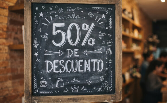 50 de descuento cartel en pizarra para promocion comercial oferta y rebajas en tienda