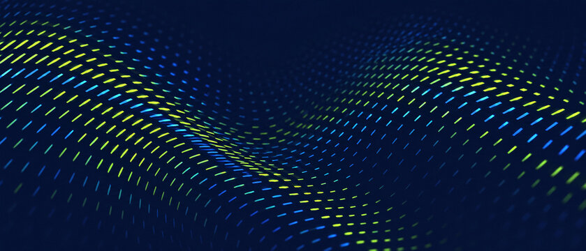 Abstract digital wave background with glowing blue and yellow dots