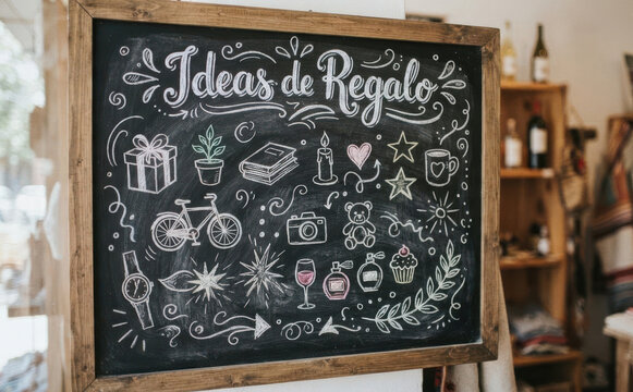 Ideas de Regalo cartel de pizarra con dibujos de articulos para obsequio compras comercio