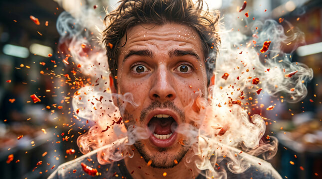 Shocked young man face wide open mouth looking straight ahead explosive red pepper sparks dramatic smoke cloud particles blast crazy spicy food challenge concept intense emotion portrait photo