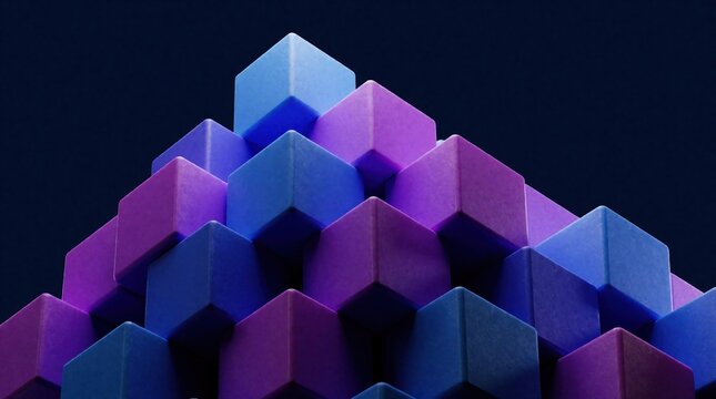 Symmetrical stack of 3d cubes with blue, purple gradient colors. Geometric shapes form pyramid structure against dark background. Abstract digital art shows rising blocks with soft lighting for tech