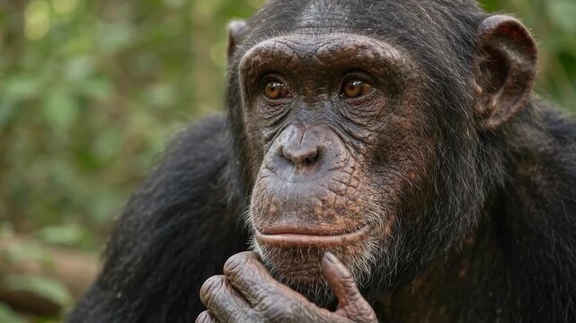 Portrait of a Thoughtful Chimpanzee with Hand on Chin in Natural Forest