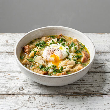 traditional codfish dish with a poached egg and rustic bread, served in a bowl on a white, rustic wooden table - A&ccedil;orda de bacalhau