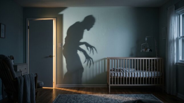 Scary monster shadow looms over empty crib in dimly lit nursery on Halloween night